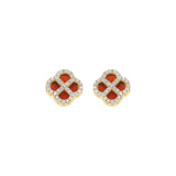 Boucles d'oreilles tige argent doré trèfle agate rouge véritable contour oxydes blancs