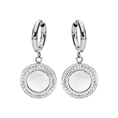 Boucles d'oreilles acier avec pendant cercle imitation nacre et strass blancs - Olyci Bijoux