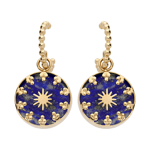 Boucles d'oreilles acier, petite créole et boule avec pampille bleue - Olyci Bijoux