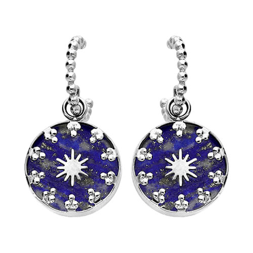 Boucles d'oreilles acier, petite créole et boule avec pampille bleue - Olyci Bijoux