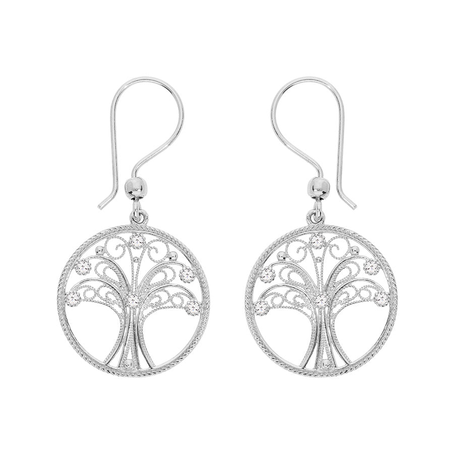 Boucles d'oreilles argent rhodié crochet arbre de vie filigrane et oxydes blancs sertis - Olyci Bijoux