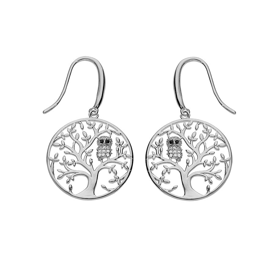 Boucles d'oreilles argent rhodié dormeuse arbre de vie avec hibou - chouette empierré - Olyci Bijoux