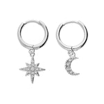 Boucles d'oreilles argent rhodie petite creoles 1 pampille etoile du nord 1 demi lune oxydes blancs sertis - Olyci Bijoux