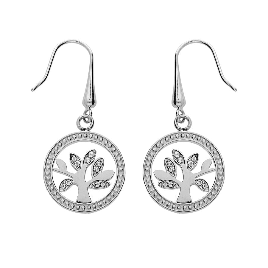 Boucles d'oreilles crochet acier ronde arbre de vie oxydes blancs - Olyci Bijoux