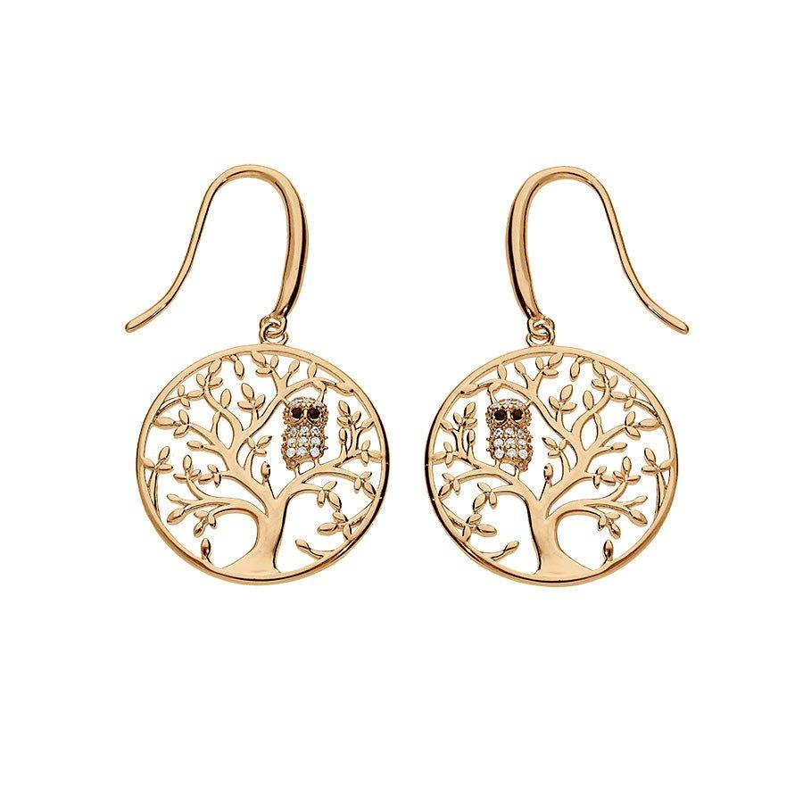 Boucles d'oreilles dormeuse plaqué or arbre de vie avec hibou - chouette empierré - Olyci Bijoux