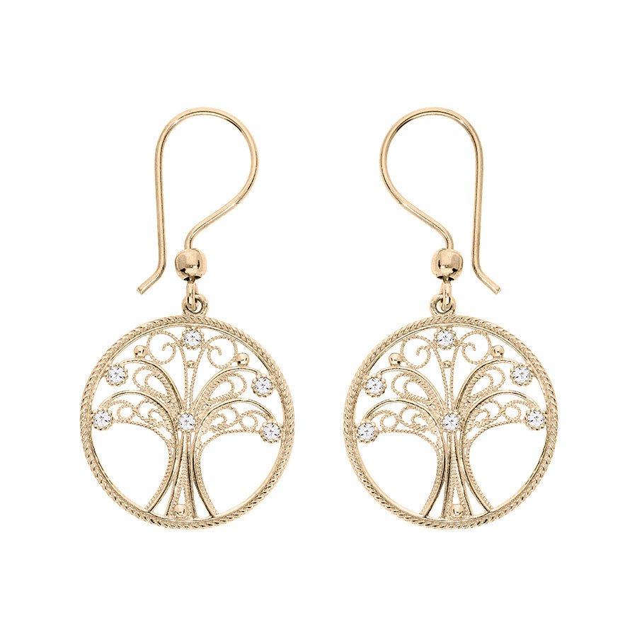 Boucles d'oreilles plaqué or crochet arbre de vie filigrane et oxydes blancs sertis - Olyci Bijoux