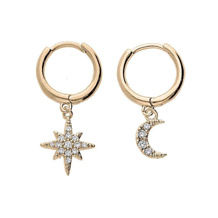 Boucles d'oreilles plaqué or petite créoles asymétriques étoile du nord et demi lune oxydes blancs sertis - Olyci Bijoux