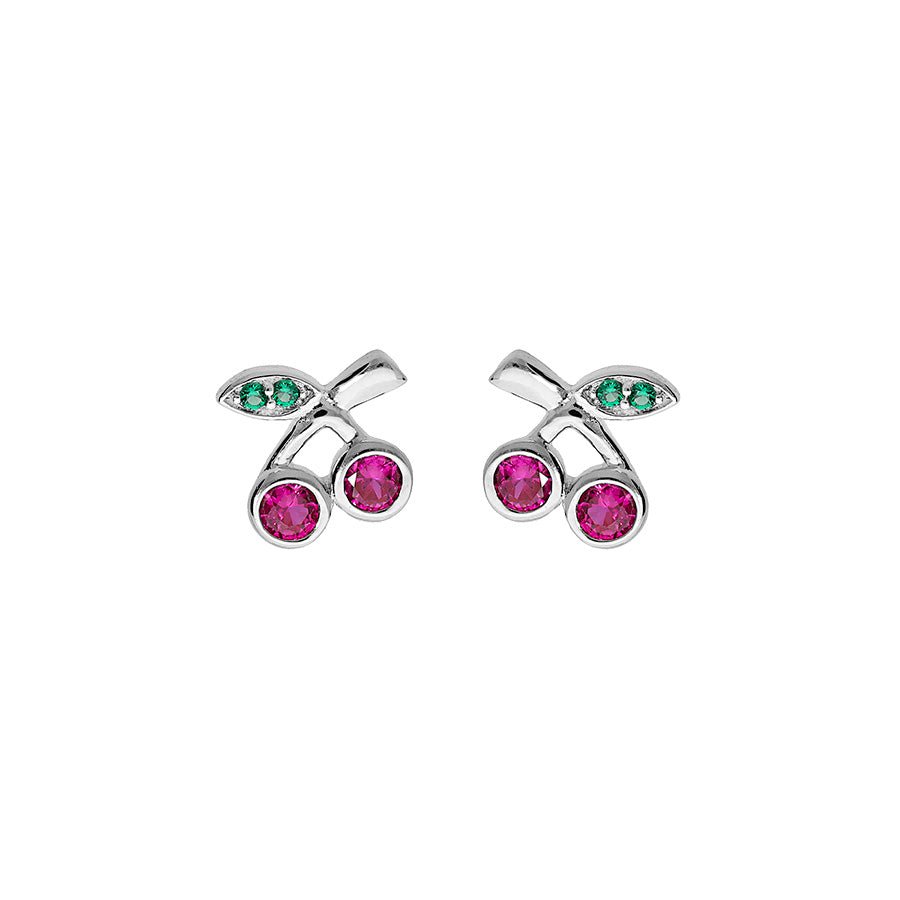 Boucles d'oreilles tige argent rhodié cerise oxydes rouge et vert - Olyci Bijoux