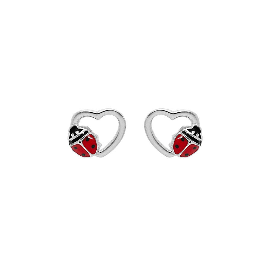 Boucles d'oreilles tige argent rhodié coeur avec coccinelle - Olyci Bijoux