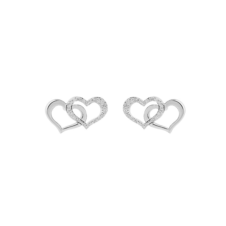 Boucles d'oreilles tige argent rhodie double coeur 1 lisse et 1 granité - Olyci Bijoux