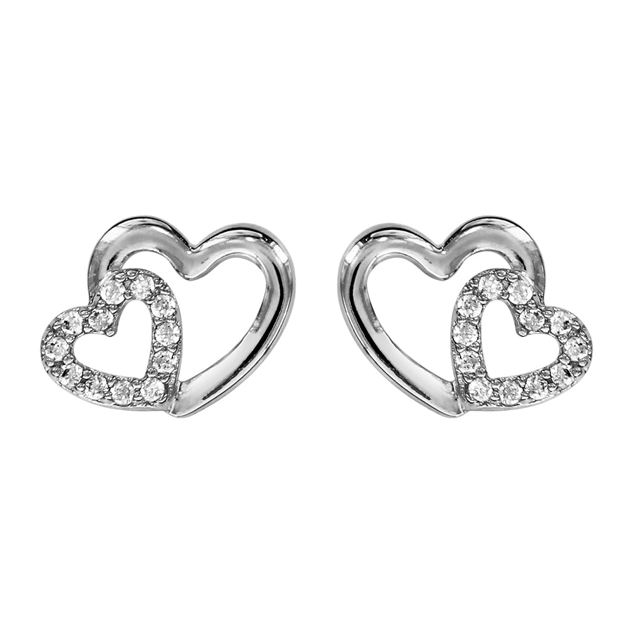 Boucles d'oreilles tige argent rhodié double coeur croise oxydes blancs - Olyci Bijoux