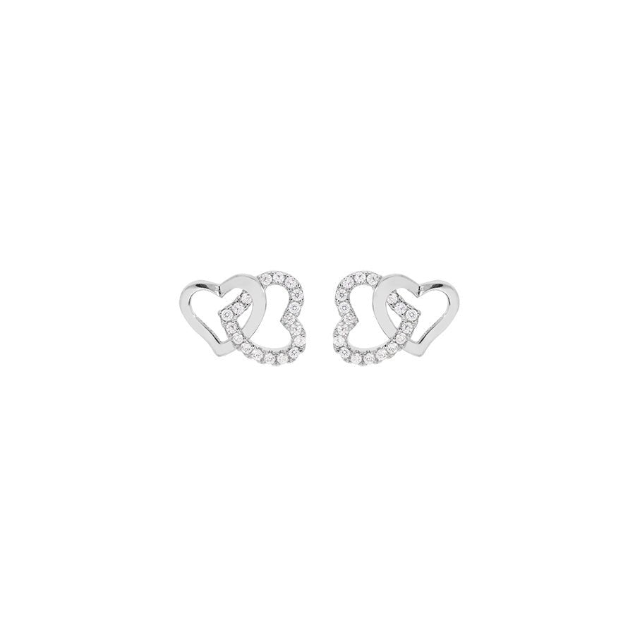 Boucles d'oreilles tige argent rhodié double coeur entrelacé oxydes blancs sertis - Olyci Bijoux