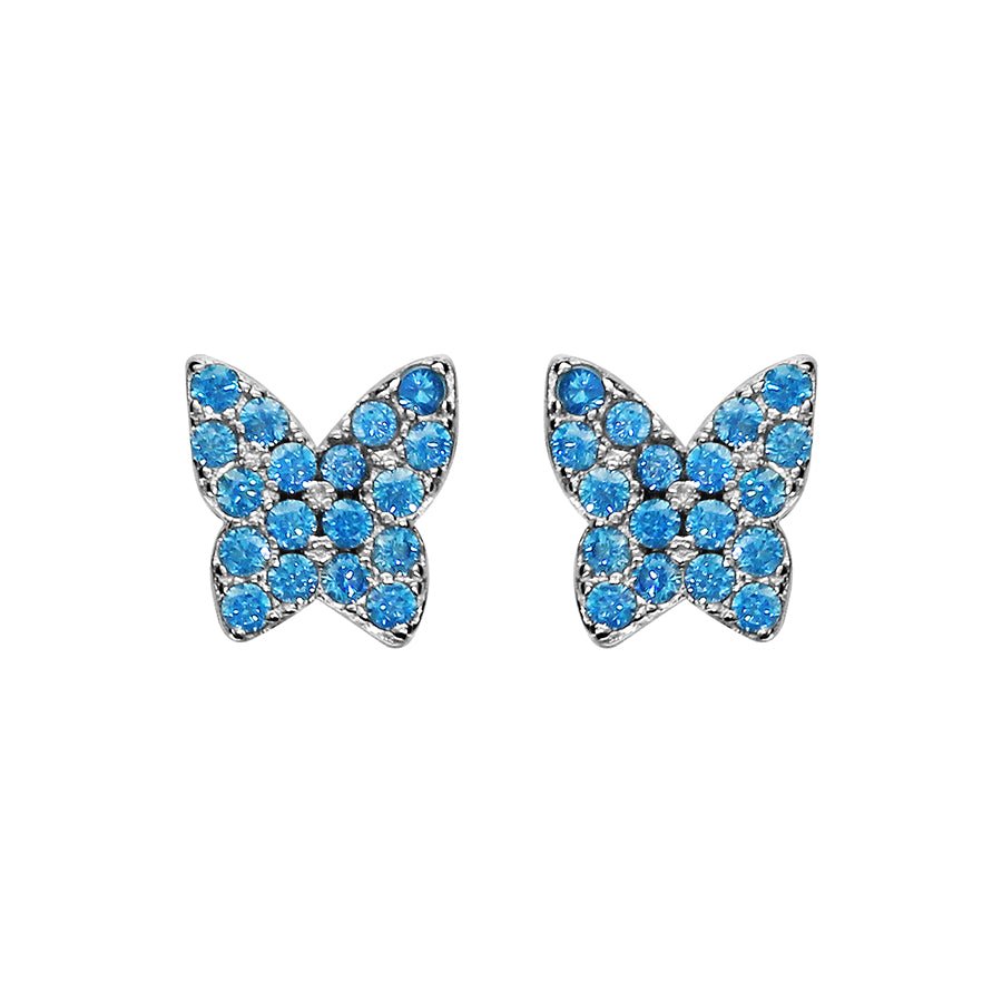 Boucles d'oreilles tige argent rhodié papillon pierres synthetique bleu ciel sertis - Olyci Bijoux