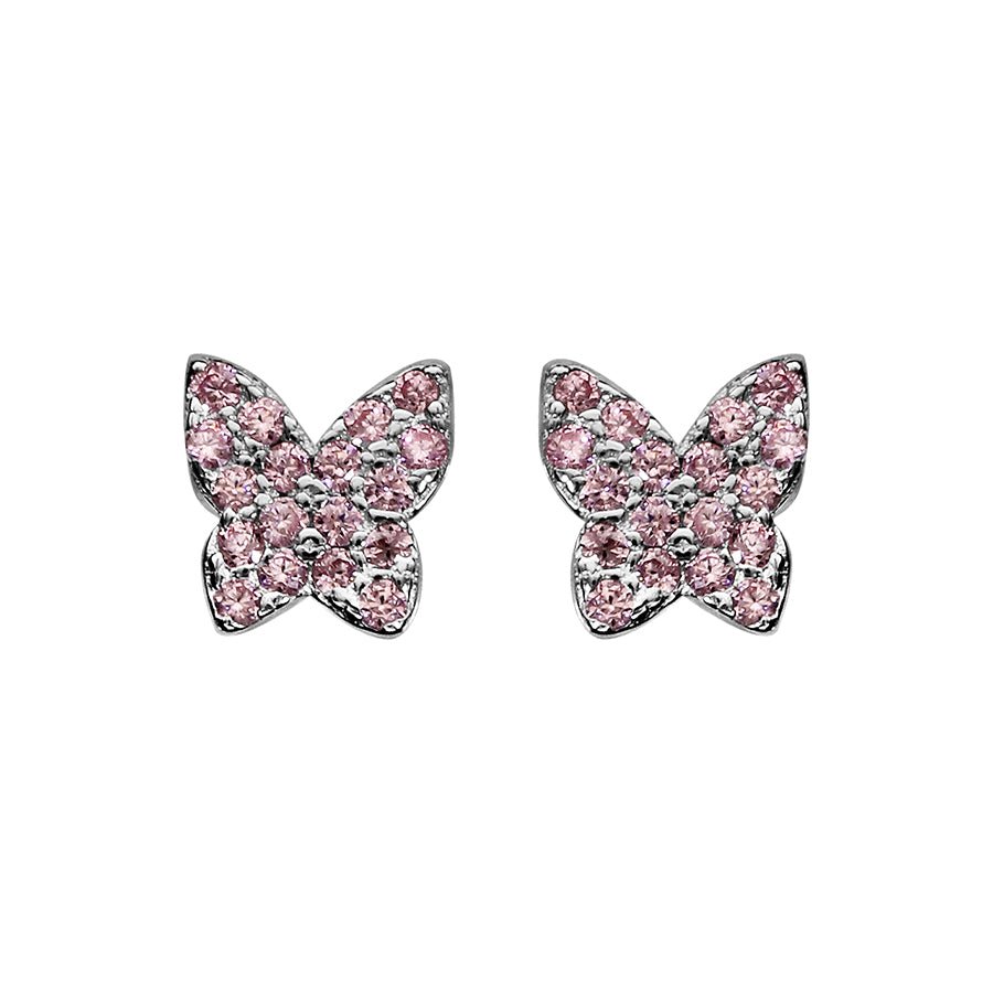 Boucles d'oreilles tige argent rhodié papillon pierres synthetique rose sertis - Olyci Bijoux