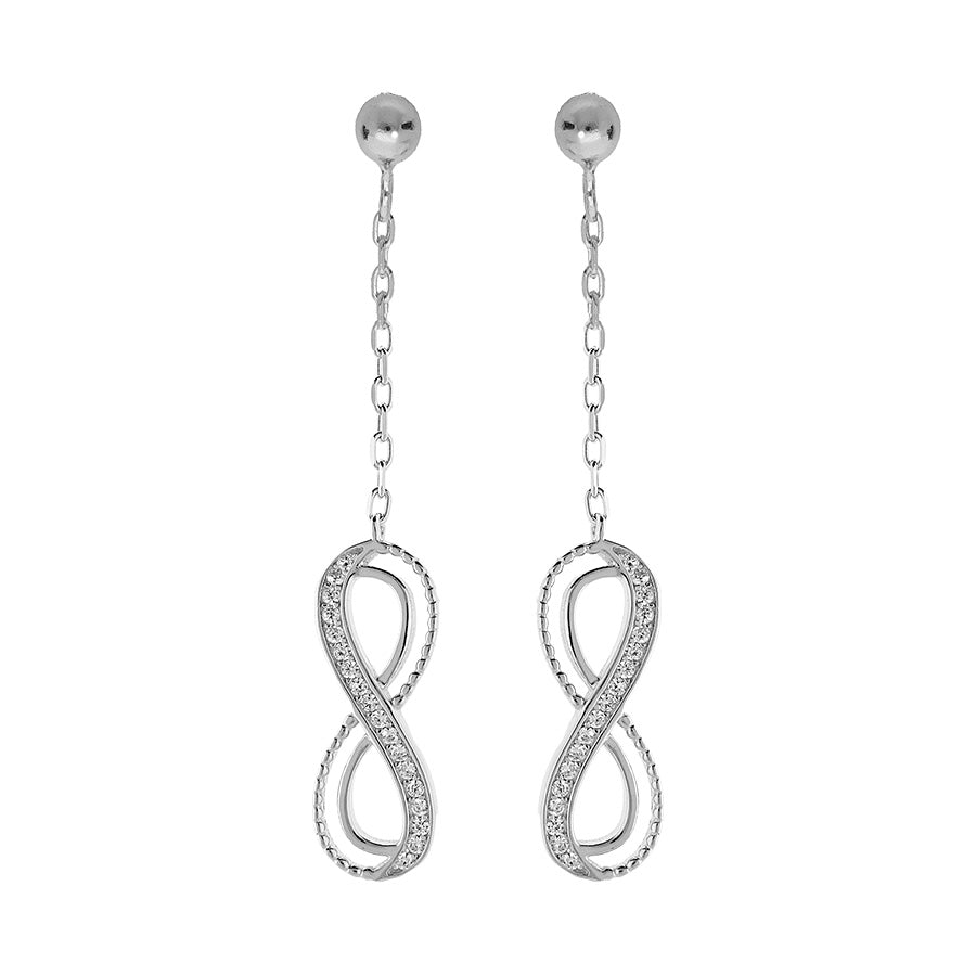 Boucles d'oreilles tige argent rhodié pendante motif infini ajouré avec oxydes blancs sertis - Olyci Bijoux