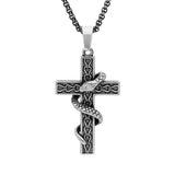 Collier acier patiné chaine 3mm pendentif croix et serpent enroulé 50cm + 5 + 5cm