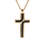 Collier acier et pvd jaune chaine forcat avec pendentif croix et résine noire