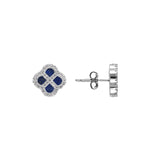Boucles d'oreilles tige argent rhodié trefle verre bleu foncé contour oxydes blancs