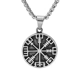 Collier acier pendentif rond viking patiné symbole rune celtique