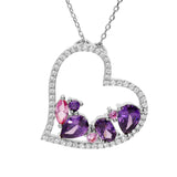 Collier argent rhodie massif pendentif coeur oxydes violets et roses contour oxydes blancs