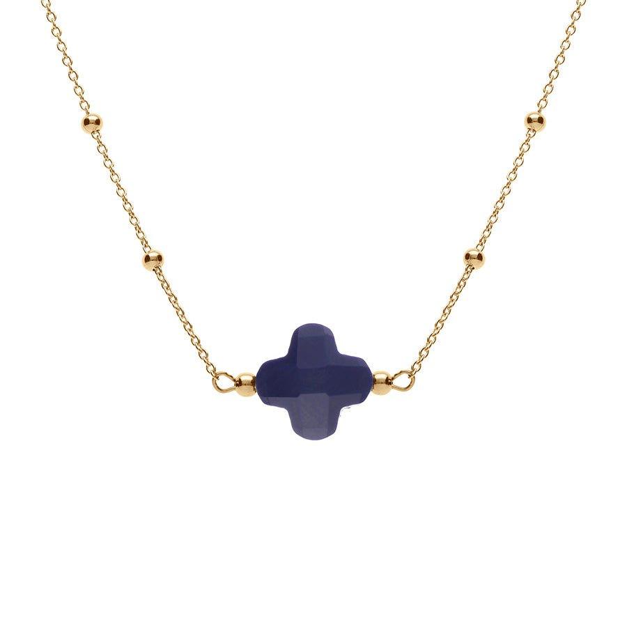 Collier argent doré chaine boules et trèfle en verre facetté bleu marine - Olyci Bijoux