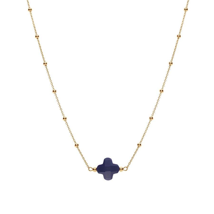 Collier argent doré chaine boules et trèfle en verre facetté bleu marine - Olyci Bijoux