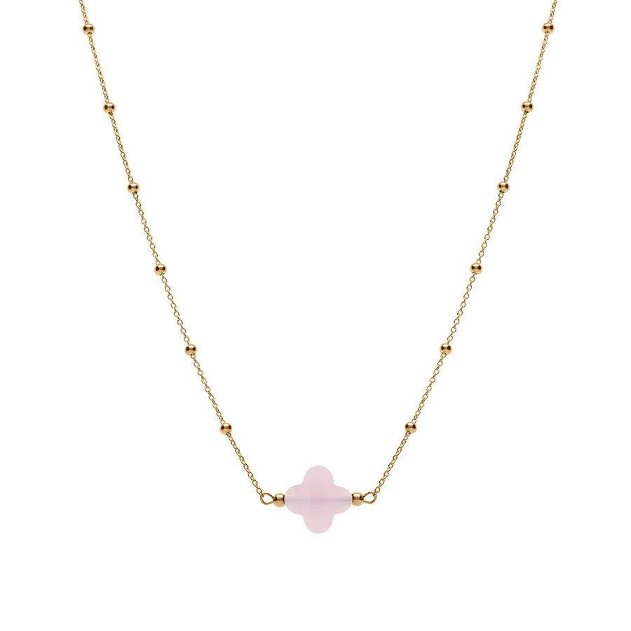 Collier argent doré chaine boules et trèfle en verre facetté rose - Olyci Bijoux