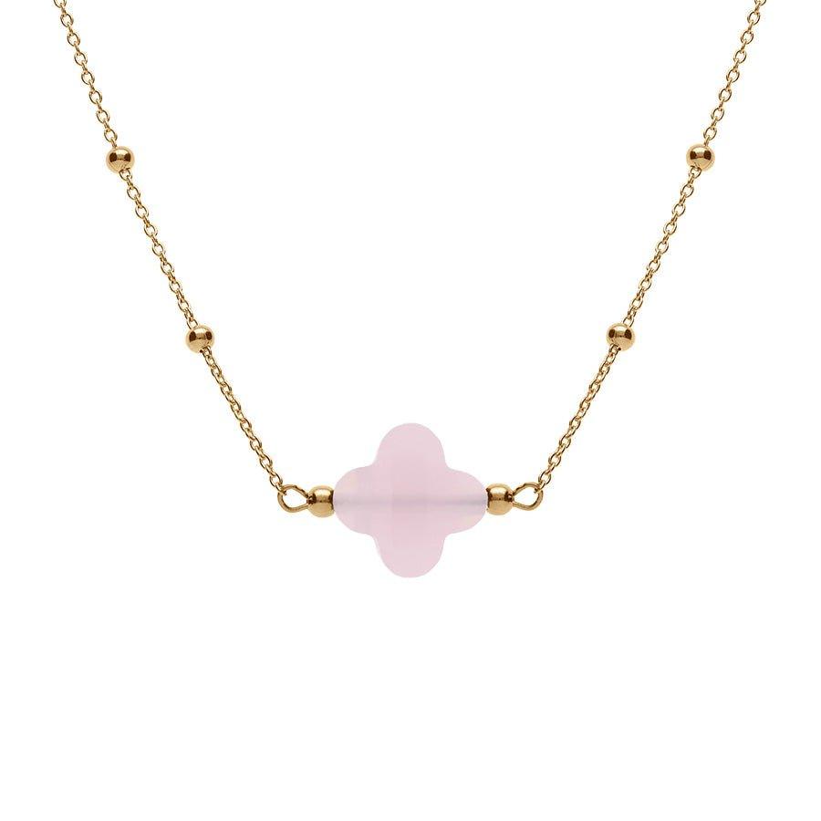 Collier argent doré chaine boules et trèfle en verre facetté rose - Olyci Bijoux