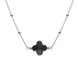 Collier argent rhodié chaine boules et trèfle en verre facetté noir