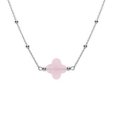 Collier argent rhodié chaine boules et trèfle en verre facetté rose