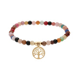 Bracelet acier et pvd jaune extensible pierres naturelles agate  multi couleur avec arbre de vie