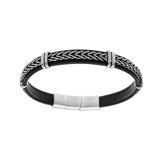 Bracelet acier et cuir bovin noir avec tresse double fermoir