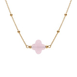 Collier argent doré chaine boules et trèfle en verre facetté rose