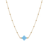 Collier argent doré chaine boules et trèfle en verre facetté bleu ciel